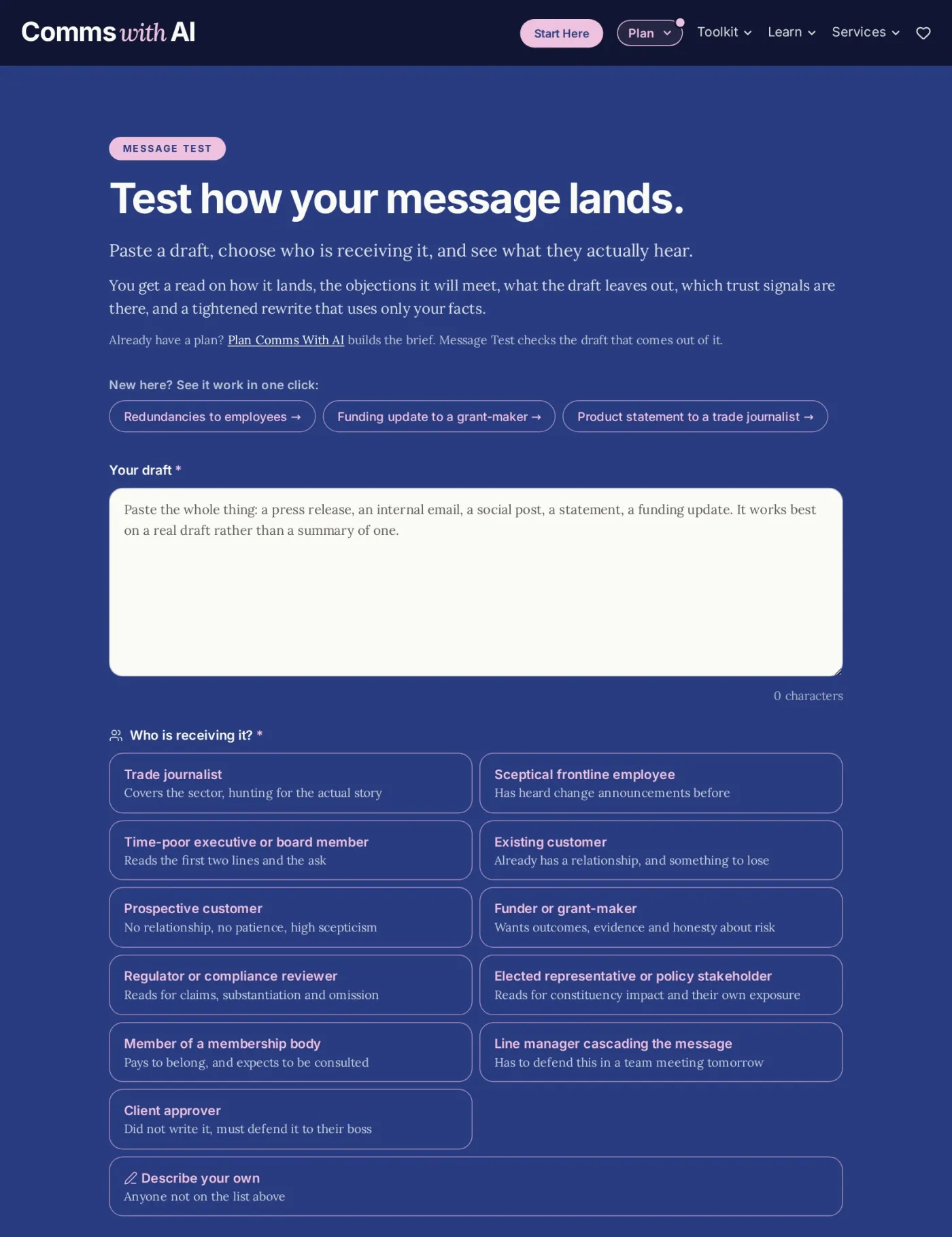 The Message Test tool on Comms With AI, showing the draft box and the built-in audiences